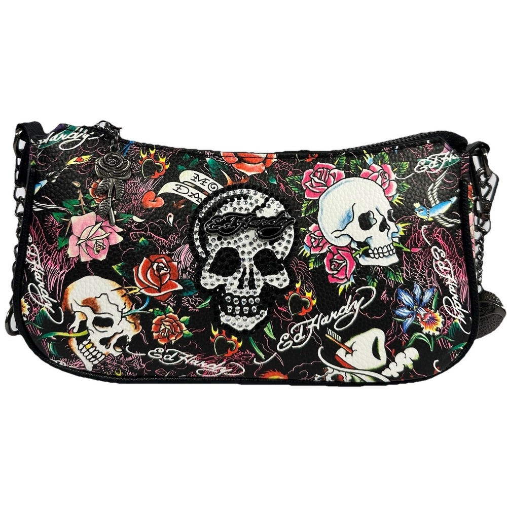 Ed Hardy Skull Rose Rhinestone Shoulder Bag Shoulder Bag Crossbody Purse NWT